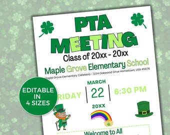 BEWERKBARE PTO PTA maart-vergaderingsflyer, flyer PTO-informatievergadering, seizoensgebonden pta-vergaderingsflyer, St Patricks PTA-vergaderingsflyer