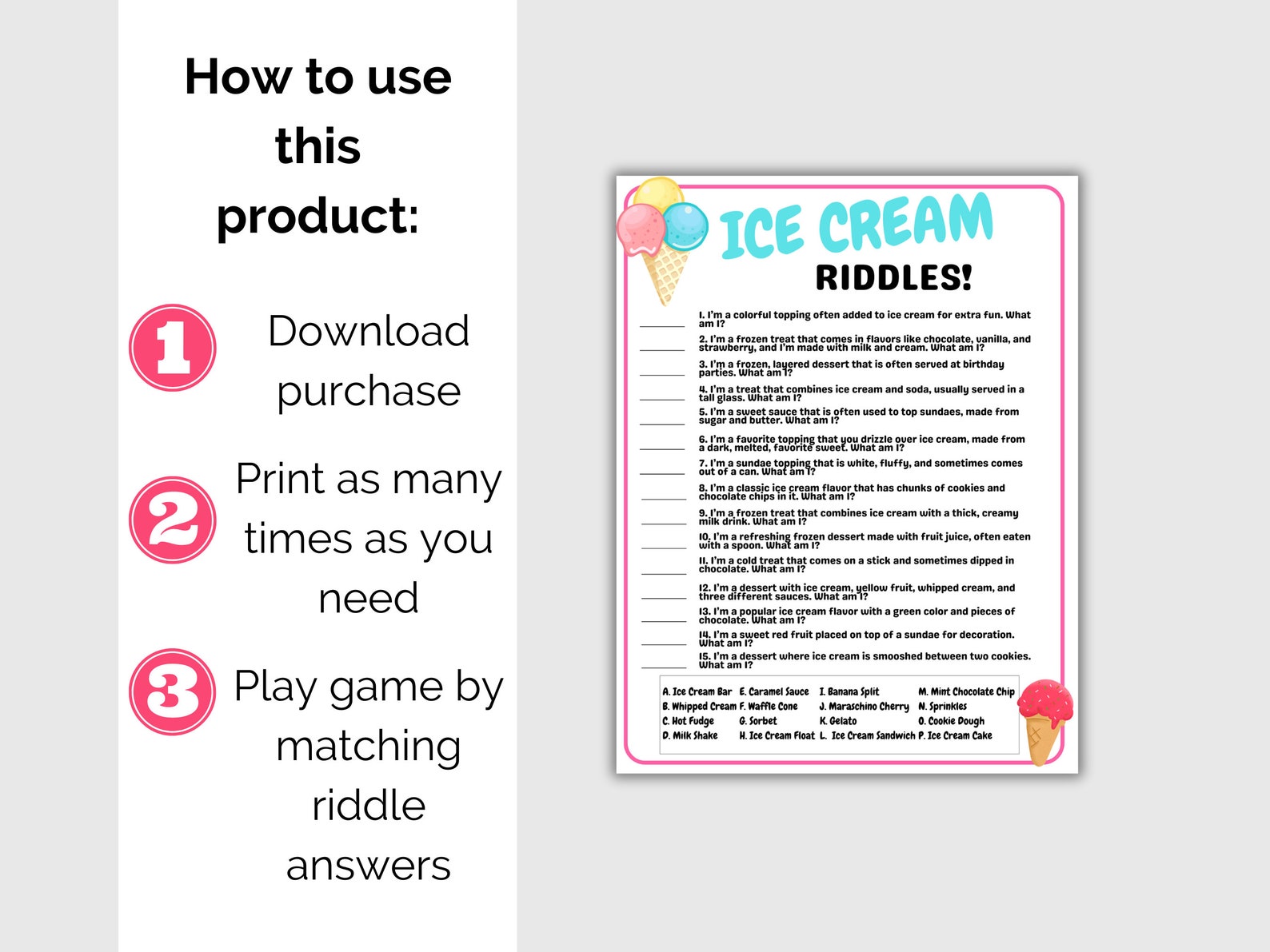 Ice Cream Riddles, Ice Cream Social Game, Ice Cream Birthday Activity