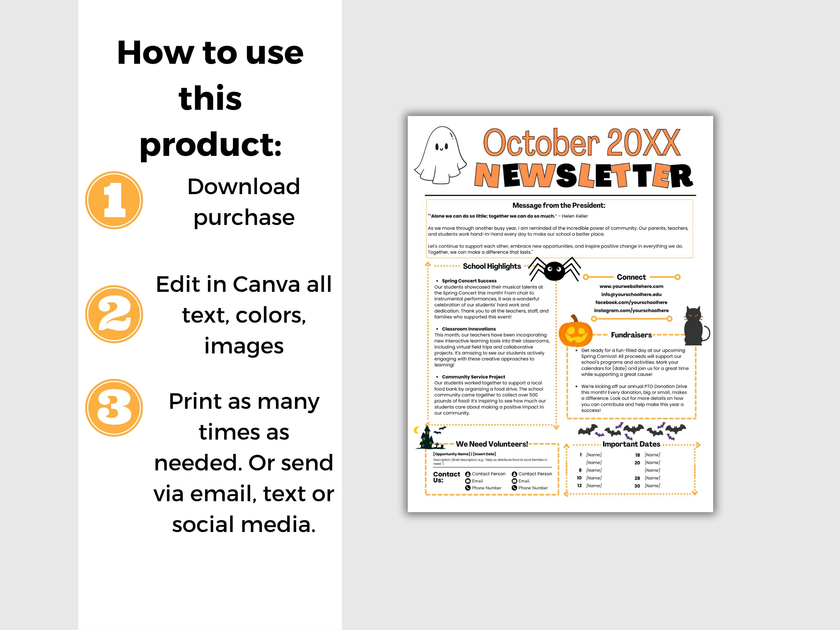 EDITABLE October PTO PTA Newsletter Template, Monthly Classroom October ...