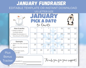 Editable January Pick A Date, January Fundraiser Calendar, Winter Themed Fundraiser,  Fundraising Form for school, church, all purpose