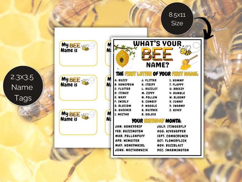 What's Your Bee Name Game + Name Tags, Printable Bee Themed Game, What ...