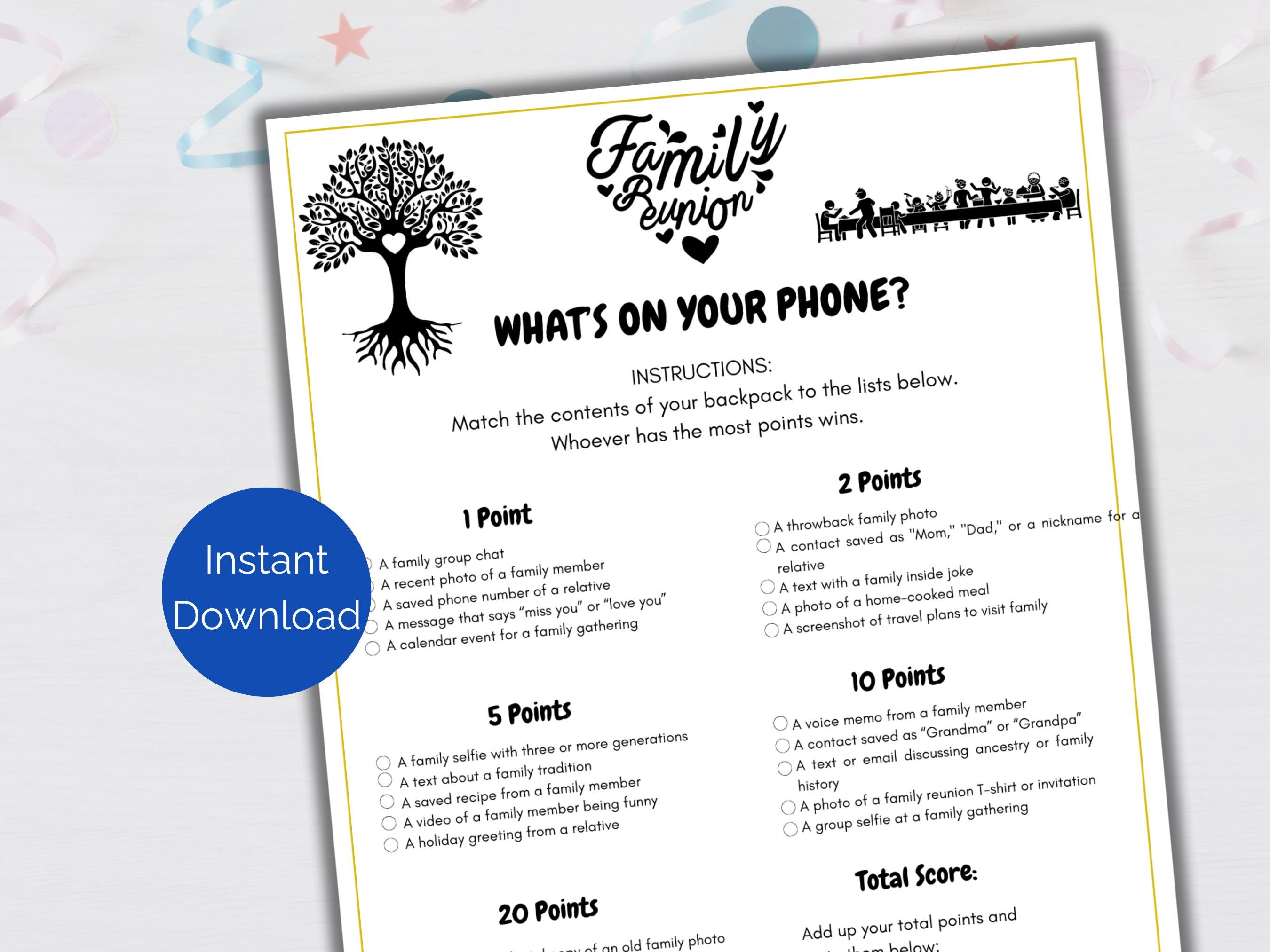 Family Reunion What's On Your Phone, Printable Family Gathering Activity, Family Reunion Icebreaker Game, Family Reunion Party Game
