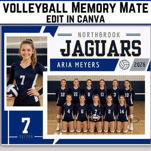 May include: A digital volleyball memory mate template featuring the text VOLLEYBALL MEMORY MATE EDIT IN CANVA, NORTHBROOK JAGUARS, ARIA MEYERS, and 2026. The layout includes a portrait of a player and a team photo with players in navy jerseys.