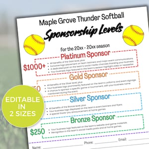 EDITABLE Softball Sponsorship Levels Flyer Template, Softball Sponsorship Form Template, Sponsor My Season Flyer, Softball Fundraiser Flyer