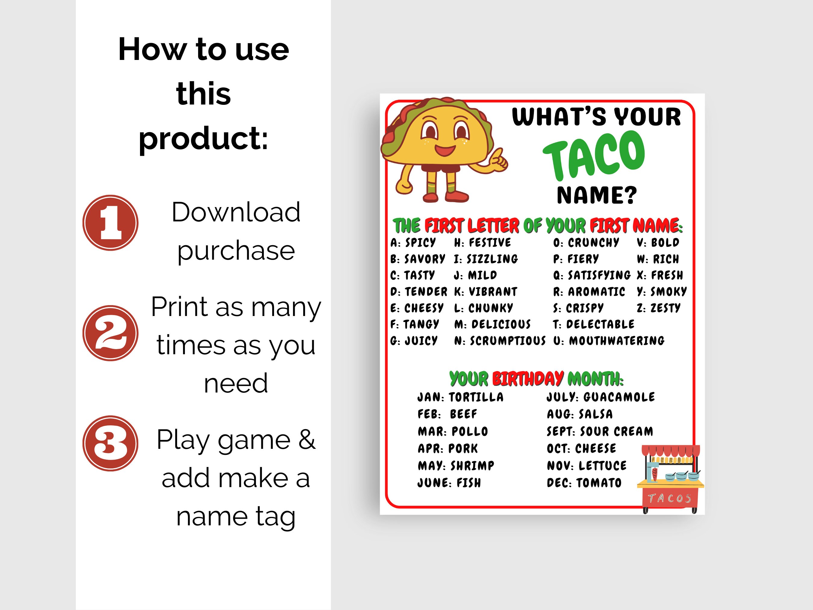 What's Your Taco Name Game + Name Tags, Cinco De Mayo Game, Mexican ...