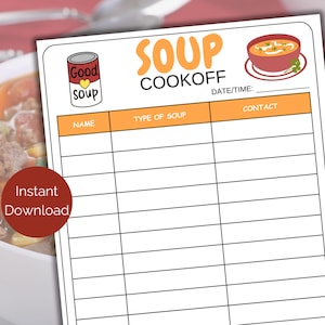 Soup Cook-off Sign Up Sheet, Printable Soup Potluck Sign Up Form, Soup Potluck Party Food Sign Up Sheet