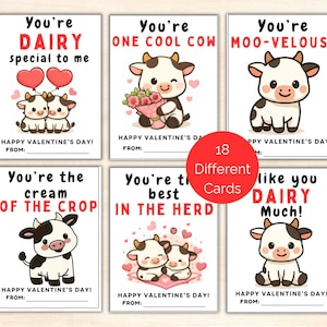 May include: Six Valentine's Day cards with cartoon cow designs. Each card has a dairy-themed pun, like "You're ONE COOL COW." The cards are white with red and black text. The set includes 18 different cards.