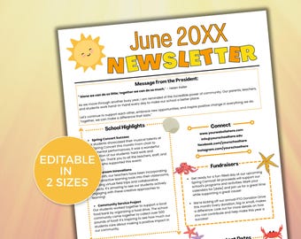 EDITIERBARE Juni PTO PTA Newsletter-Vorlage, monatlicher Juni-Newsletter im Klassenzimmer, Schulnewsletter, Tagespflege-Newsletter, monatlicher Newsletter