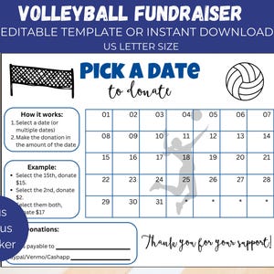 Editable Volleyball Pick A Date, Volleyball Fundraiser Calendar, Volleyball Team Sponsor My Season Fundraiser, Fundraising Form,Pay the Date