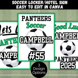 May include: Three soccer-themed signs with a green border. Each sign features a soccer ball and text, including "PANTHERS", "CAMPBELL", and "#55". The signs are designed for locker rooms or hotels.