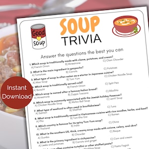 Soup Trivia Game, Soup Quiz,  Printable Soup Cook-off Game for kids and adults, Soup Bar Theme, Soup Competition, Soup Potluck Game