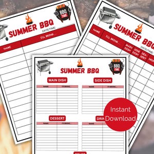 Summer BBQ Sign Up Sheet, Printable Summer Cookout Sign Up Form, Summer Barbecue Food Signup Sheet for church potluck + office party potluck