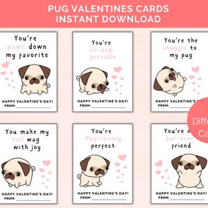 Mops Valentinskarten, 6 druckbare Mops Valentinsgrüße, Hunde Valentinskarten, Mops Valentinsgrüße für Kinder, Klassenzimmer Valentinsgrüße, Hundethema Valentinsgruß