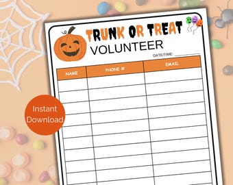 Trunk or Treat Volunteer Sign Up Sheet, Printable Halloween Trunk or Treat Volunteer Sign-up Form for Church and School, Trunk or Treat Form