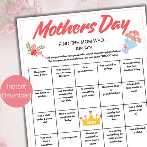 Mothers Day Find Someone Who Game, Mothers Day Mix and Mingle Bingo Game, Ice Breaker Game, Mother Day Games for Family, kids and adults,