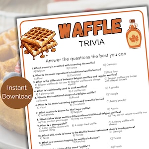 Waffel-Trivia-Spiel, druckbare Waffel Quiz, Aktivität zum National Waffle Day, Brunch Party Spiel, Lebensmittel-Trivia, Aktivitäts-Frühstücksspiel zum Thema Lebensmittel