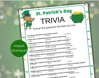 St Patricks Day Trivia Game, St Patricks Day Party Game for Kids and adults, St Paddys Day Printable Game, St Patricks Day Games