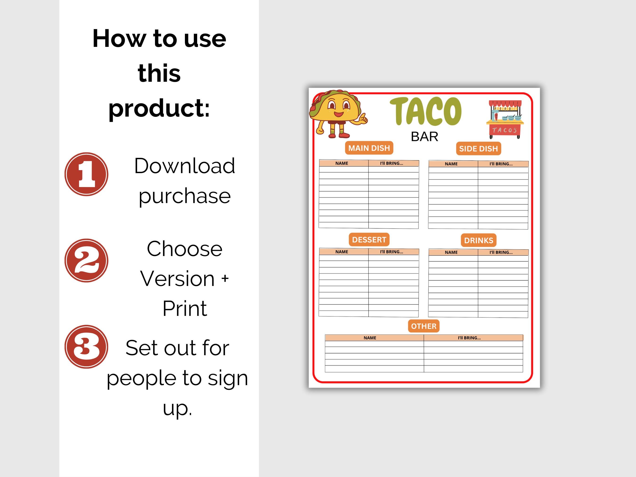 Taco Bar Sign up Sheet, Printable Mexican Fiesta Potluck Party Signup ...