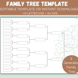 Editable Family Tree Chart, Family Tree Template 5 Generation, Genealogy Chart, Pedigree Chart, Ancestral Chart Template,Family Reunion Gift