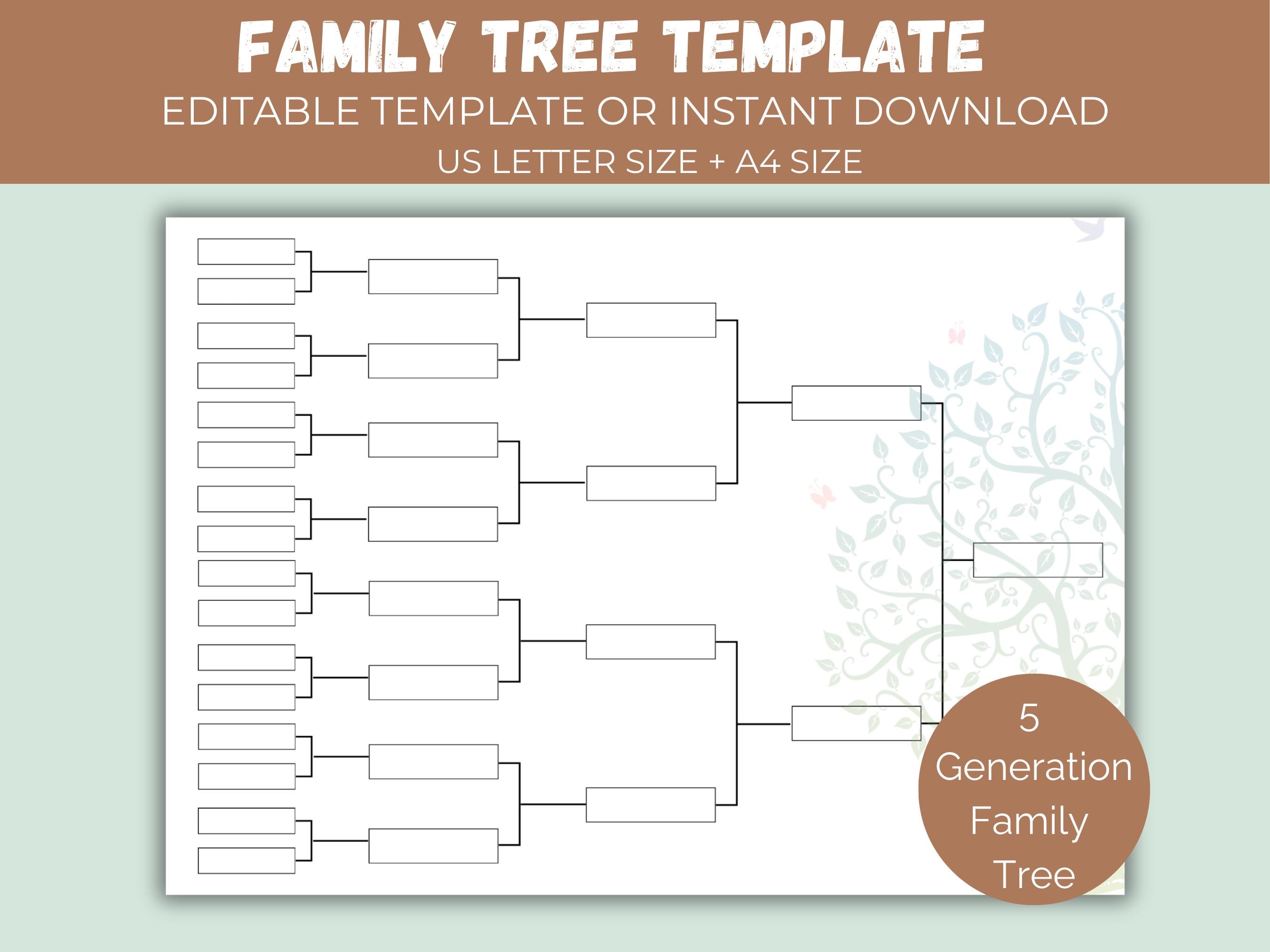 Editable Family Tree Chart, Family Tree Template 5 Generation, Genealogy Chart, Pedigree Chart, Ancestral Chart Template,Family Reunion Gift