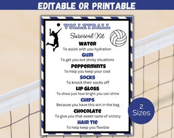 Könnte beinhalten: Druckbare Checkliste mit blauen und weißen Streifen, betitelt "Volleyball Survival Kit". Die Checkliste enthält Artikel wie Wasser, Kaugummi, Pfefferminzbonbons, Socken, Lipgloss, Chips, Schokolade und ein Haargummi. Der Text "2 Größen" befindet sich in einem blauen Kreis unten rechts.