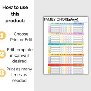 May include: A colorful family chore chart with sections for daily and weekly tasks. The chart includes spaces for names and is designed to be printed or edited. Instructions on how to use the product are also included.