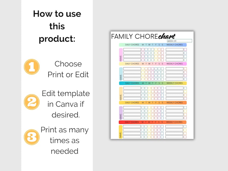 May include: A colorful family chore chart with sections for daily and weekly tasks. The chart includes spaces for names and is designed to be printed or edited. Instructions on how to use the product are also included.