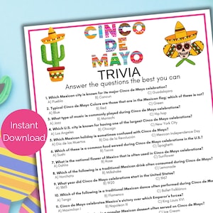 Jogo de curiosidades de Cinco de Mayo, Quiz de Cinco de Mayo, Jogos de Cinco de Mayo para impressão, Jogo de festa de Cinco de Mayo para crianças e adultos, Fiesta mexicana
