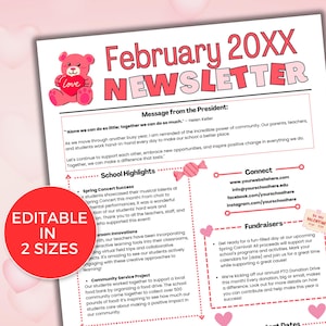 EDITABLE February PTO PTA Newsletter Template, Monthly Class February Newsletter, School Newsletter, Daycare Newsletter, Winter Newsletter