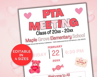BEWERKBARE PTO PTA-flyer februari vergadering flyer, PTO/pta informatie vergadering flyer, seizoensgebonden pta vergadering flyer, Valentine Pta vergadering flyer