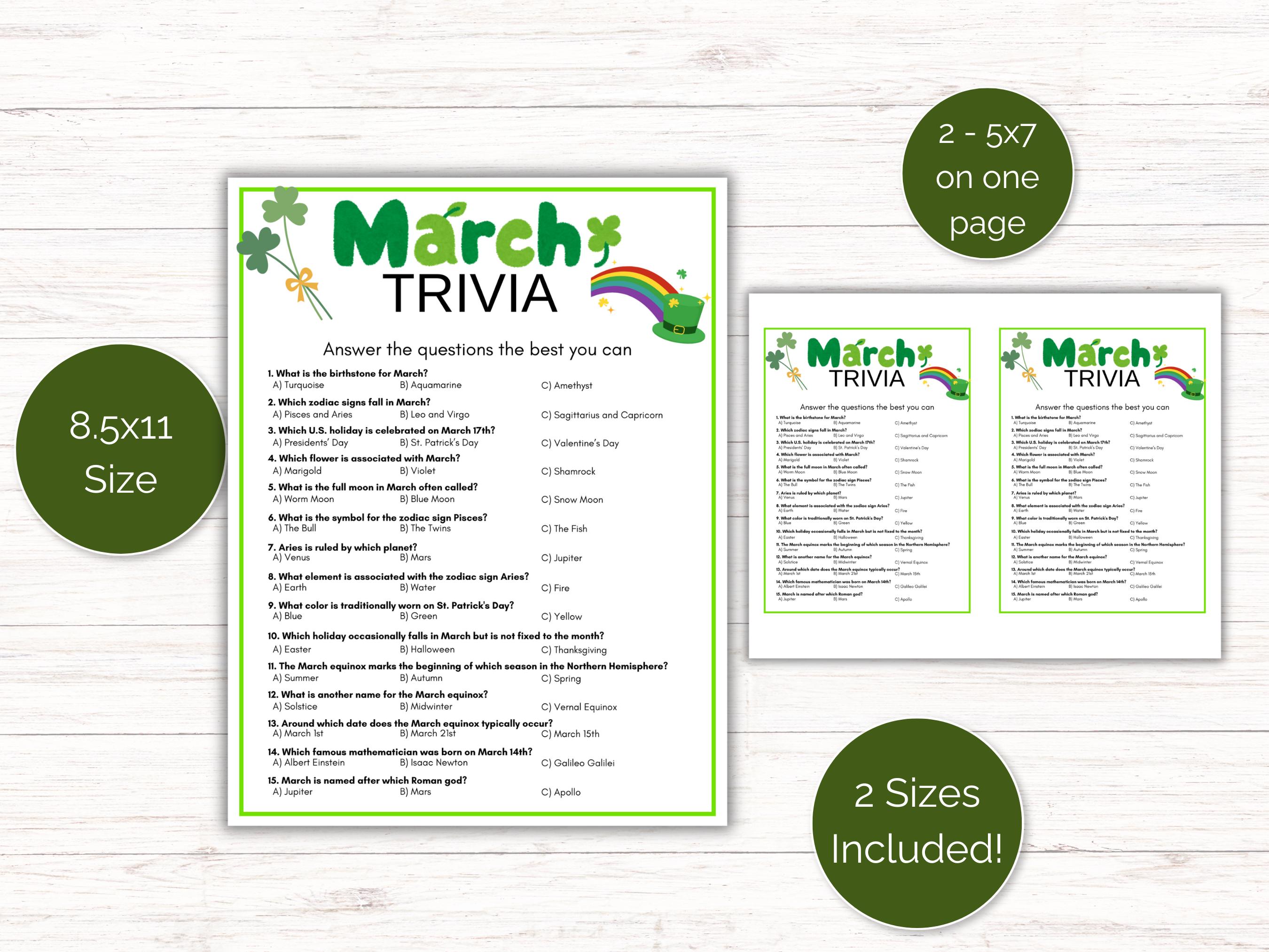 March Trivia Game, March Quiz, Printable Month Party Games for Kids ...