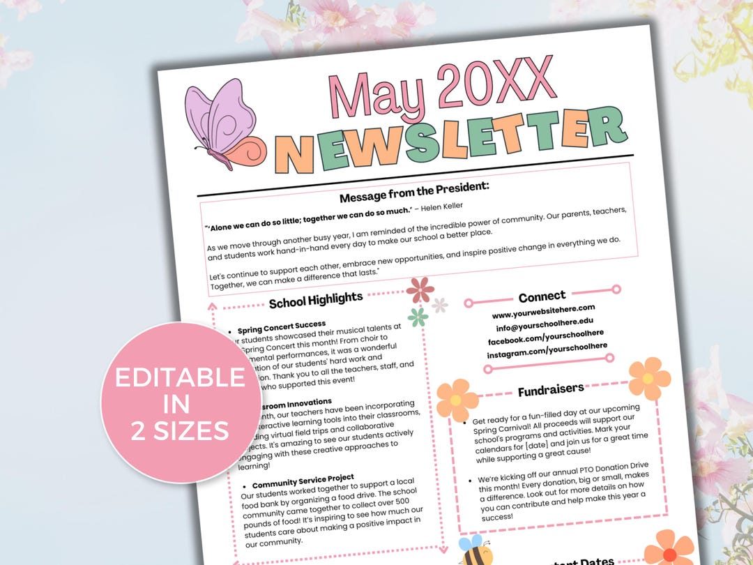 EDITABLE May PTO PTA Newsletter Template, Monthly Classroom May ...