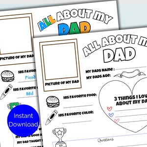 All About My Dad, Printable Fathers Day Questionnaire, Fathers Day Coloring Activity Page, Dad Gift From Kids, Fathers Day Gift From Kids