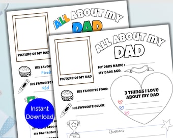 All About My Dad, Printable Fathers Day Questionnaire, Fathers Day Coloring Activity Page, Dad Gift From Kids, Fathers Day Gift From Kids