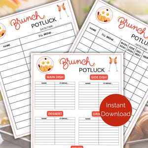 Brunch Potluck Sign Up Sheet, Printable Brunch Party Potluck Sign Up Form, Brunch Food Sign Up Sheet for office, church + more