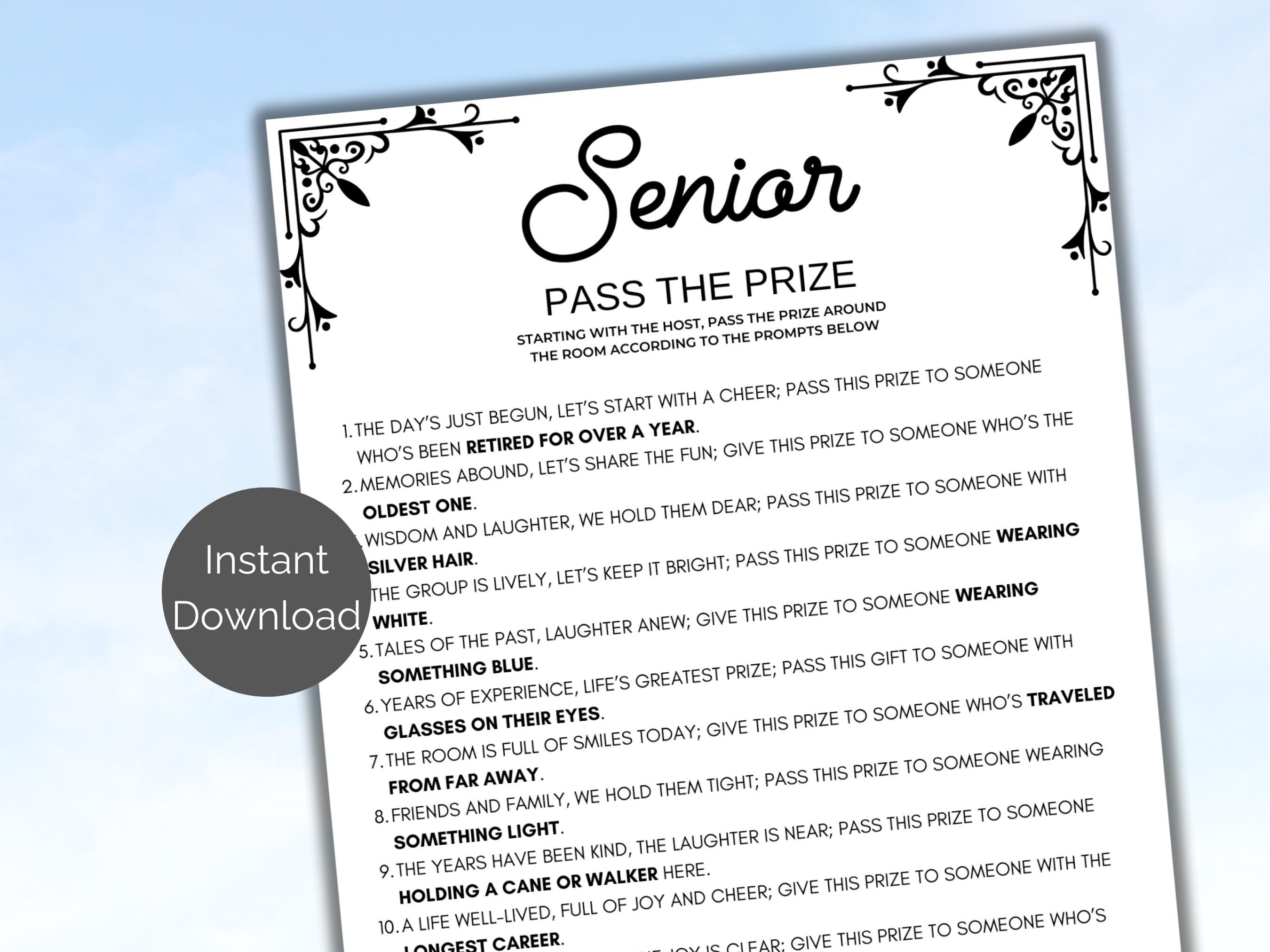 Senior Pass The Prize, Printable Senior Pass the Parcel Game, Games for Seniors, Pass the Gift Poem, Senior Birthday Game, Nursing Home Game