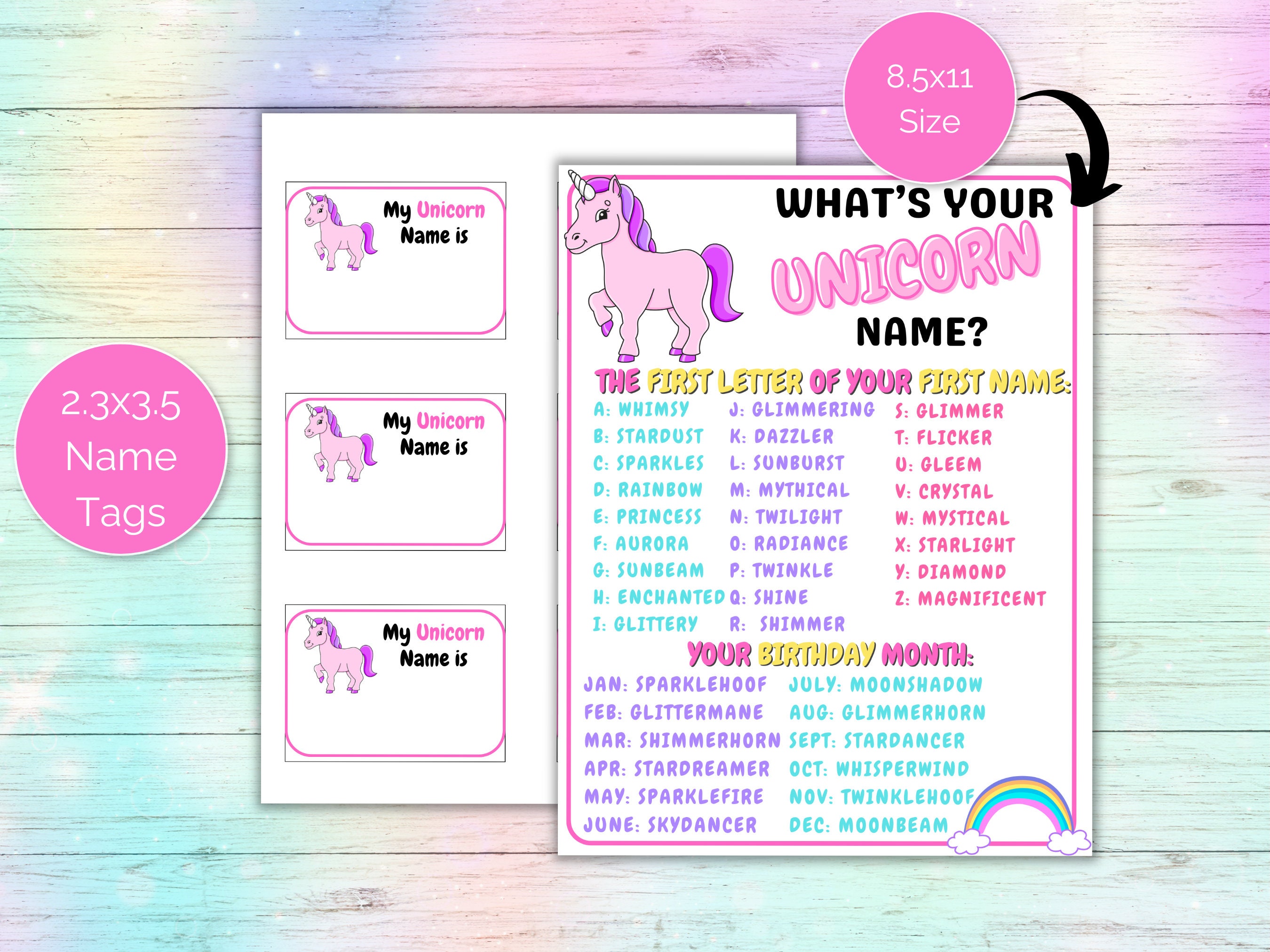 What's Your Unicorn Name Game + Name Tags, Unicorn Birthday Party Game ...