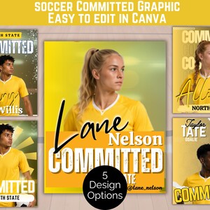 Könnte beinhalten: Ein digitales Grafikvorlagen-Set für Fußballspieler-Ankündigungen mit fünf verschiedenen Layouts, gelben Hintergründen, Fußballspielern in gelben Trikots und fettgedrucktem Text, einschließlich COMMITTED, NORTH STATE und Spielernamen.