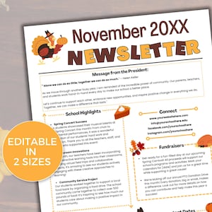EDITABLE November PTO PTA Newsletter Template, Monthly Classroom November Newsletter, School Newsletter, Daycare Newsletter