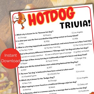 Trivia-spel hotdog, hotdogquiz, afdrukbaar hotdogspel voor kinderen en volwassenen, hotdogfeestspel, BBQ-babyshoweractiviteit,