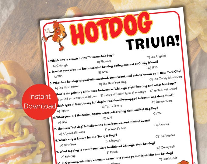 Hot Dog Trivia Game, Hot Dog Quiz, Printable Hot Dog Game for Kids and ...