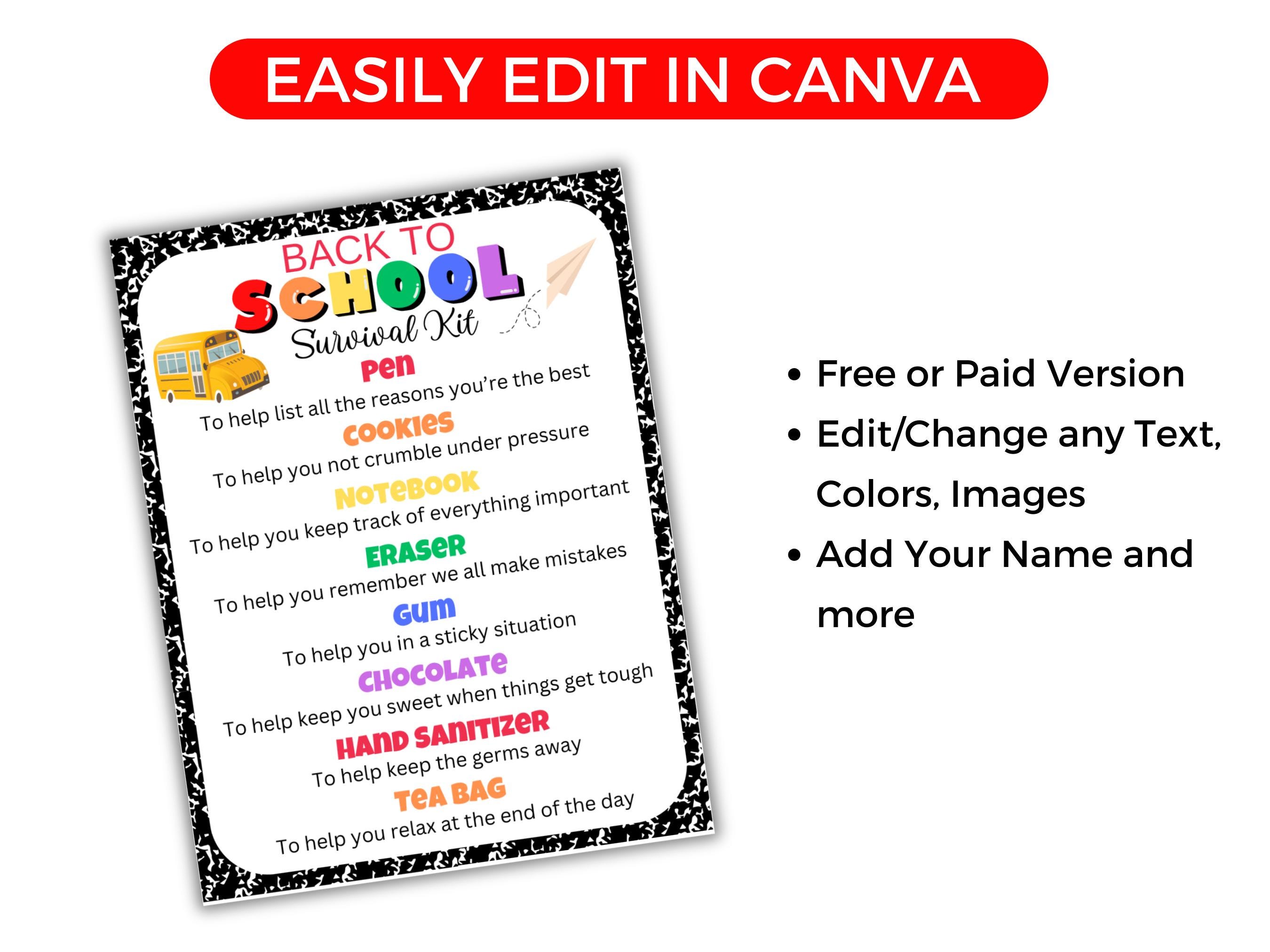 Editable Back to School Survival Kit Gift Tags, Back to School Gift Tag ...