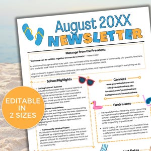 EDITABLE August PTO PTA Newsletter Template, Monthly Classroom August Newsletter, School Newsletter, Daycare Newsletter, Summer Newsletter
