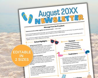 EDITIERBARE August PTO PTA Newsletter-Vorlage, monatlicher August-Newsletter im Klassenzimmer, Schulnewsletter, Tagespflege-Newsletter, Sommer-Newsletter