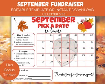 Editable September Pick A Date, September Fundraiser Calendar, Fall Themed Fundraiser,  Fundraising Form for school, church, all purpose
