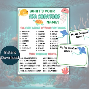 What&#39;s Your Sea Creature Name Game + Name Tags, Under the Sea Party Game, Ocean Theme Party Game, Ocean Activity, Ocean Printable