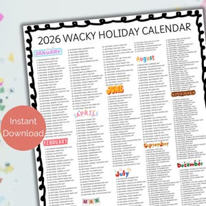 2026 List of Wacky Holidays, List of 2026 Fun Holidays in Order, Printable List of Silly Holidays, 2026 Events and Holidays