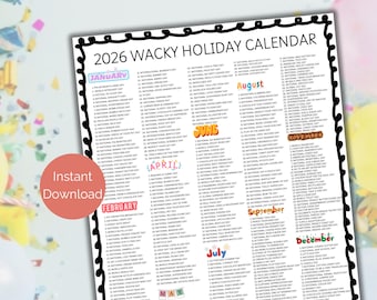 Lista de feriados malucos de 2026, lista de feriados divertidos de 2026 em ordem, lista para impressão de feriados bobos, eventos e feriados de 2026