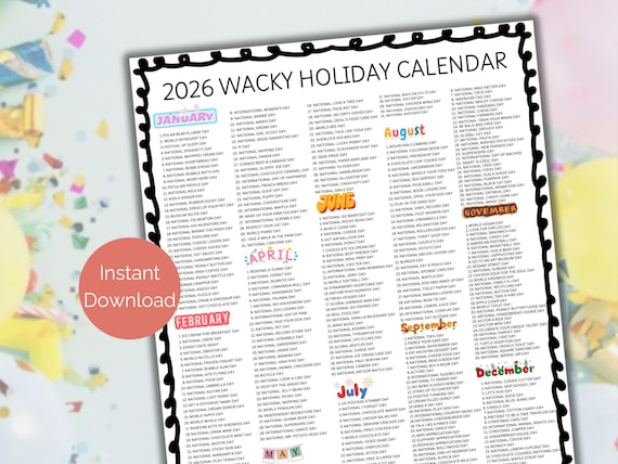 2026 List of Wacky Holidays, List of 2026 Fun Holidays in Order, Printable List of Silly Holidays, 2026 Events and Holidays