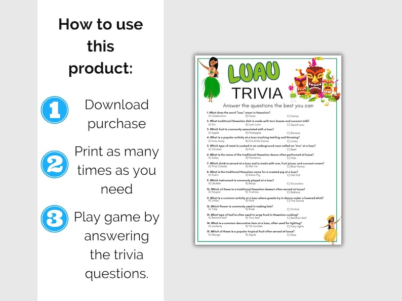 Luau Trivia Game, Luau Quiz, Hawaiian Party Game, Tropical Birthday ...